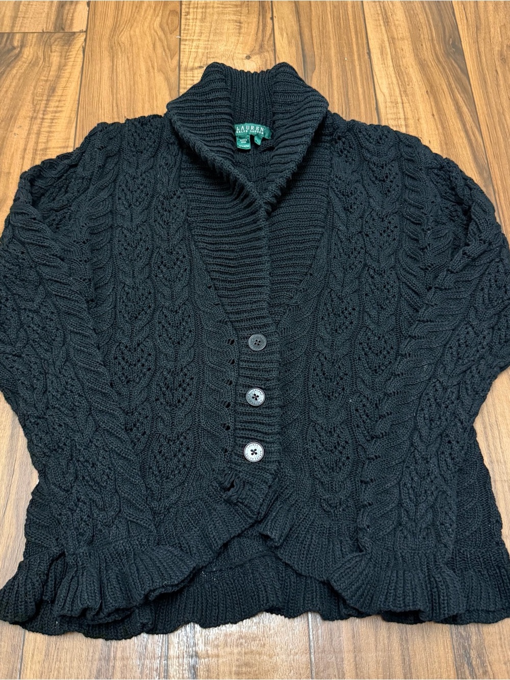 Lauren Ralph Lauren Shawl Collar Cardigan Heavy Cable Knit Black Ruffles Women L